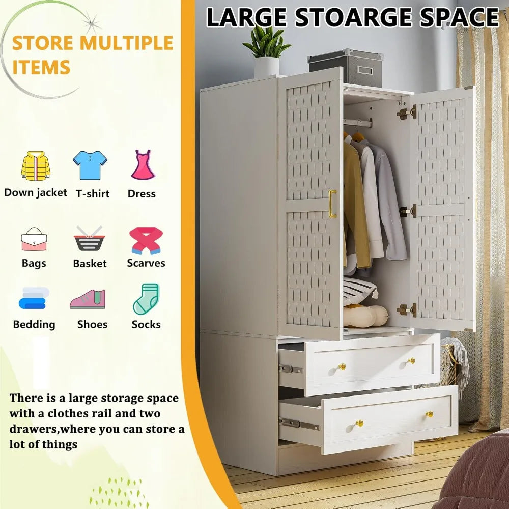 Armoire Wardrobe Closet with 2 Woven Doors and Drawers for Storage