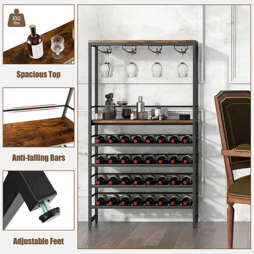 32 Bottle Wine Rack Rustic Freestanding Storage Holder with Glass Holder