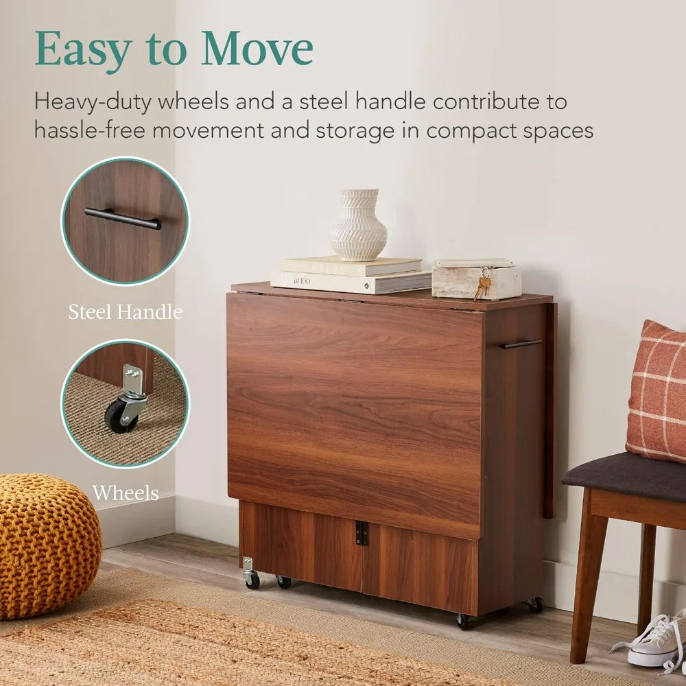 Folding Dining Table Space Saving Drop Leaf Desk with Wheels Storage Shelves