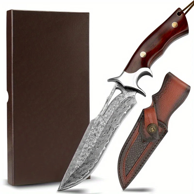 Ljustra PJ065 Damascus Knife Wooden Handle Leather Sheath Outdoor Kitchen