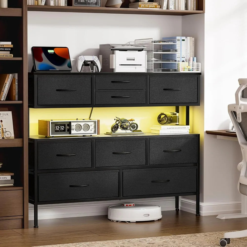 Dresser TV Stand with Charging Station LED Lights 55 Inch 9 Drawers