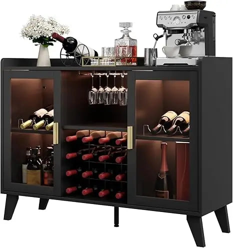 Modern Wine Bar Cabinet LED Light Coffee Liquor Storage Sideboard