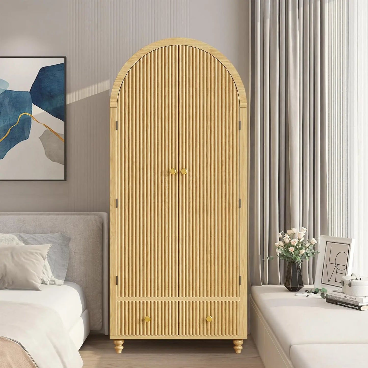 Modern Arched Wooden Storage Cabinet with Fluted Doors and Gold Knobs