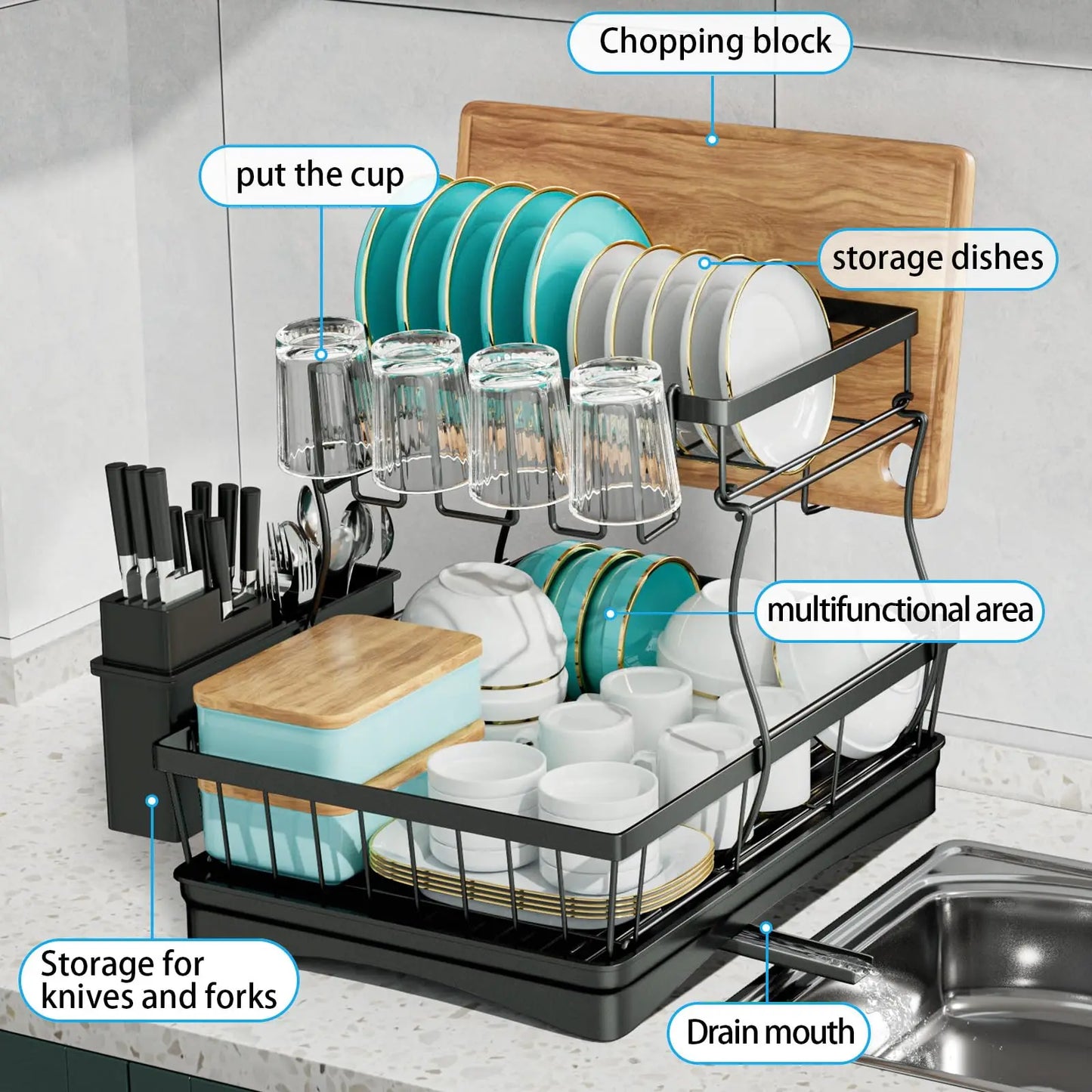 Large 2-Tier Dish Drying Rack Removable Kitchen Countertop Organizer