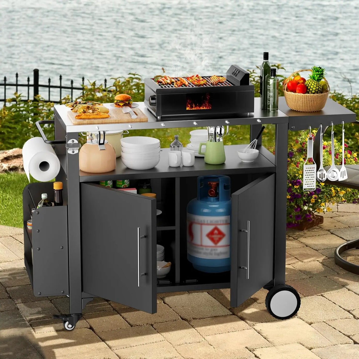 Outdoor Grill Cart with Storage Mobile BBQ Kitchen Island Waterproof