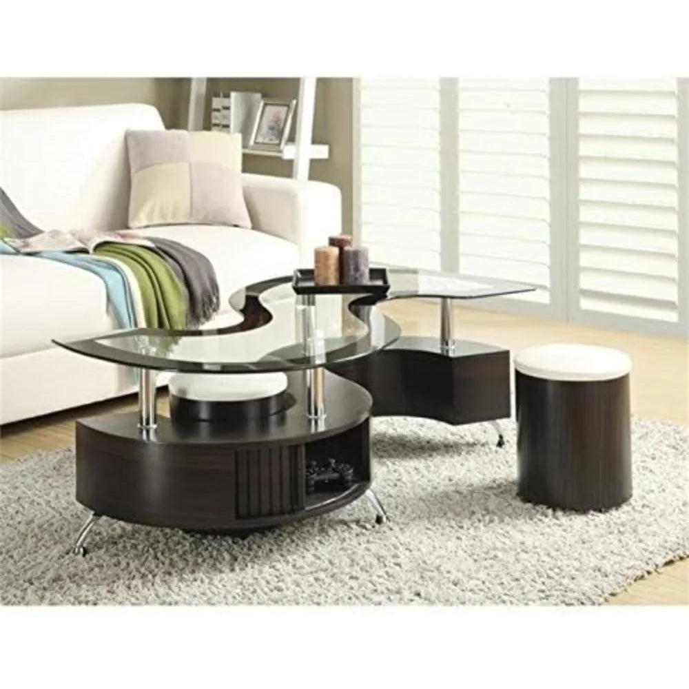 Cappuccino Coffee Table Set Modern Glass Wood Living Room Furniture