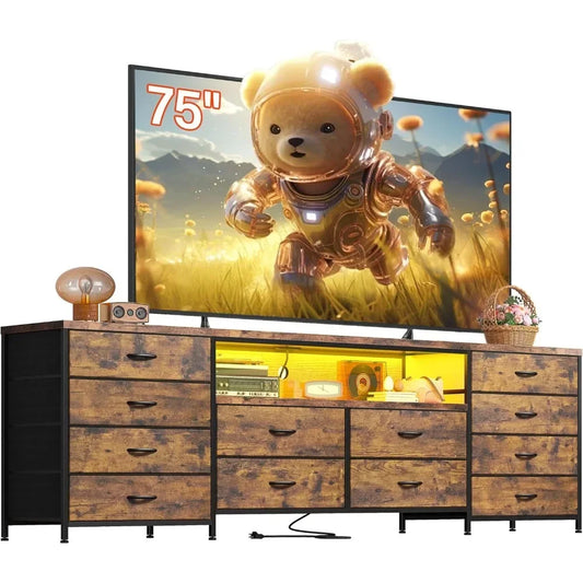 Ljustra 75 Inch TV Stand Dresser with LED Lights 12 Drawers and Outlets