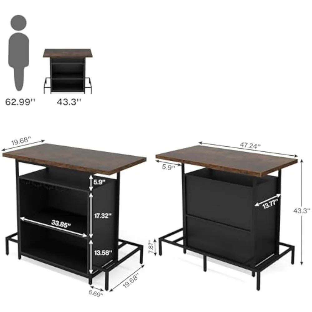 Industrial Home Bar Unit 3-Tier Liquor Table with Stemware Racks