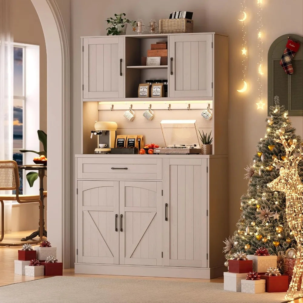71 Inch Pantry Cabinet Kitchen Storage Hutch with LED Light and Outlet