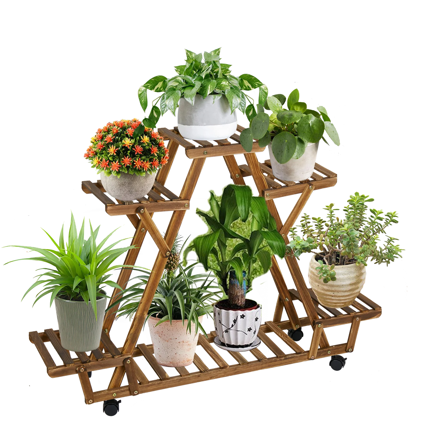 Triangular Plant Shelf with Wheels 6-Tier Carbonized Wood Display Rack