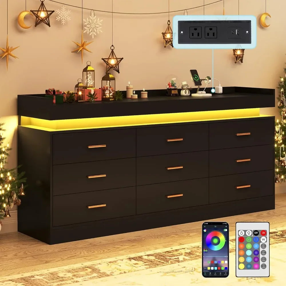 9 Drawer Dresser with Charging Station LED Lights Organizer Cabinet