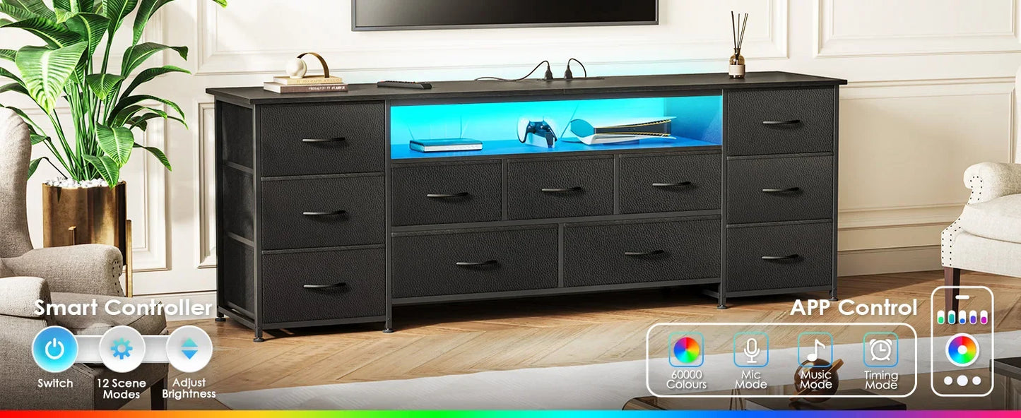 63 Inch TV Stand Dresser with LED Lights Power Outlets 11 Drawers Storage