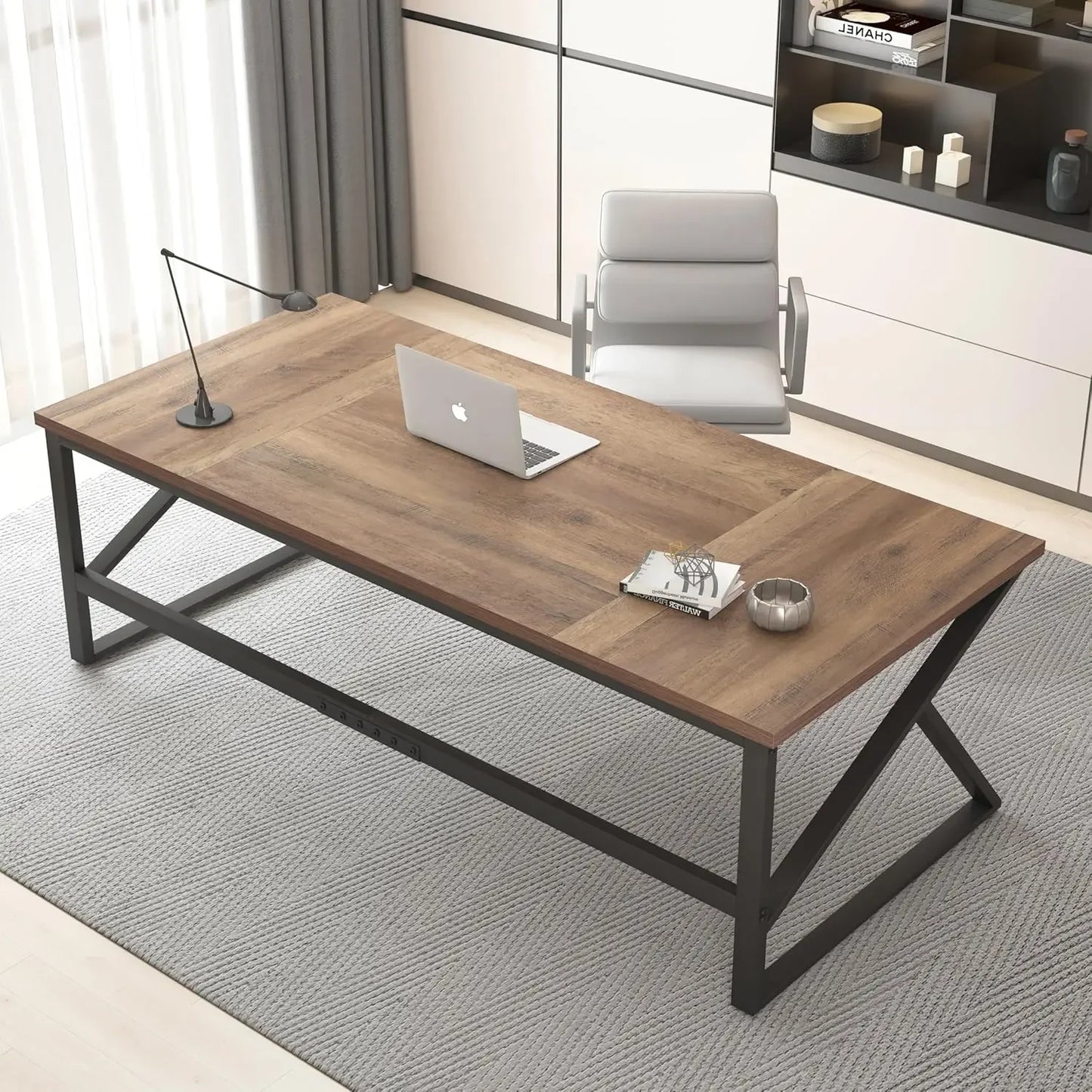 Large Metal Wood Computer Desk for 2 Monitors 70 Inch Home Office