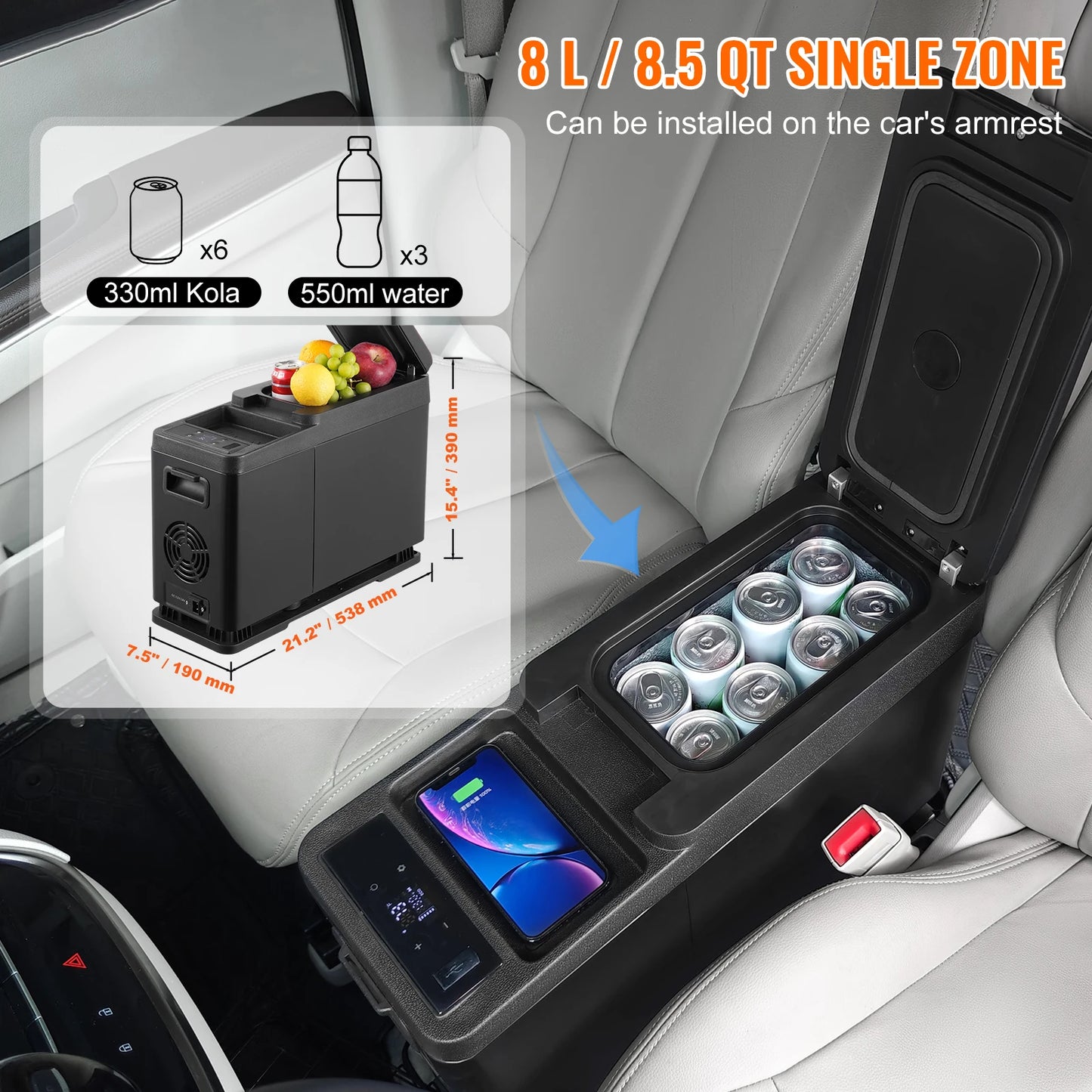 Ljustra 8L Portable Car Refrigerator Armrest Cooler -4℉ to 68℉ Adjustable