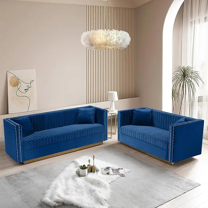 Luxury Velvet Sofa Set U-Shaped with Gold Legs and 4 Pillows