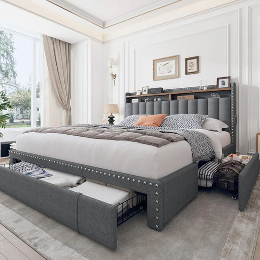 Ljustra Upholstered Queen Bed Frame with 3 Storage Drawers Strong Support