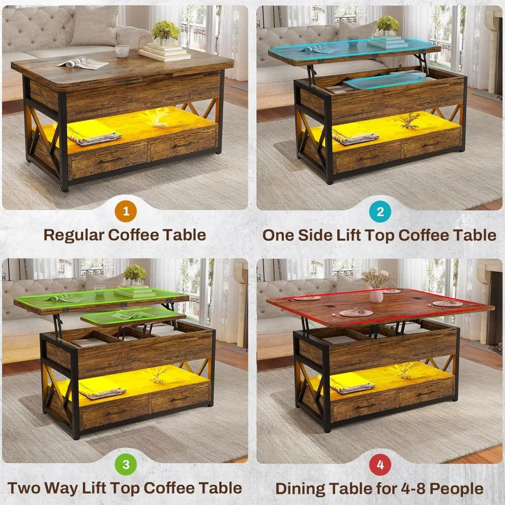 40 Inch Lift Top Coffee Table with Storage LED Light Farmhouse Design