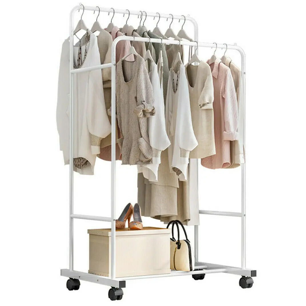 Rolling Clothes Rail Rack Garment Stand with 2 Tier Storage Shelves