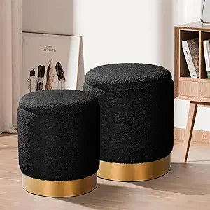 Round Set of 2 Ottoman Storage Multifunctional Chair for Living Room Bedroom
