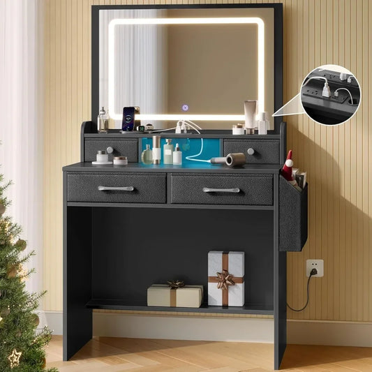Ljustra Vanity Desk with LED Lighted Mirror and 4 Fabric Drawers