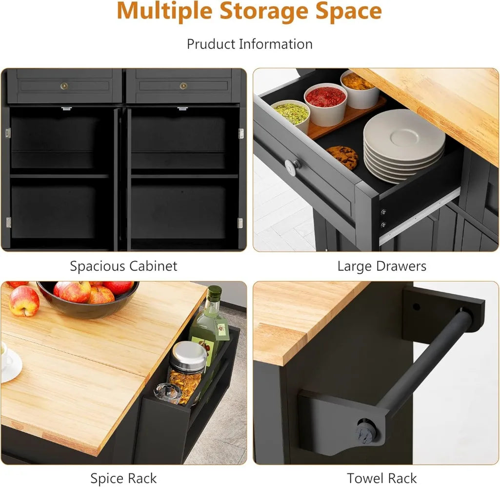 Kitchen Cart Wood Top Drop Leaf Rolling Kitchen Island Table on Wheels