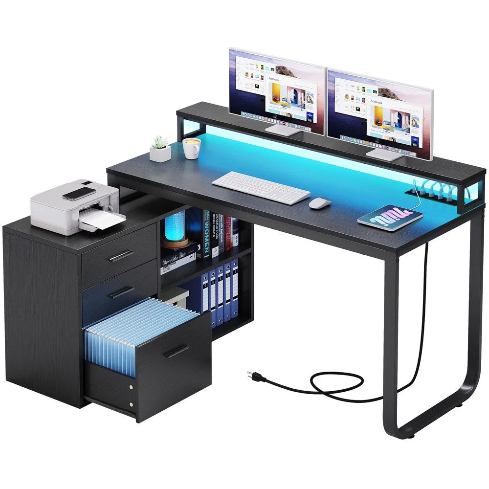 L-Shape Gaming Computer Desk with File Drawers for Home Office