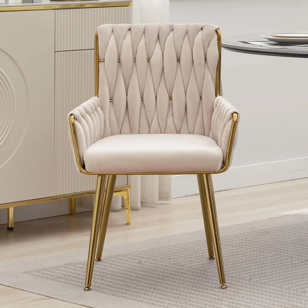 Office Desk Chair No Wheels Woven Velvet Vanity Chair Gold Metal Legs