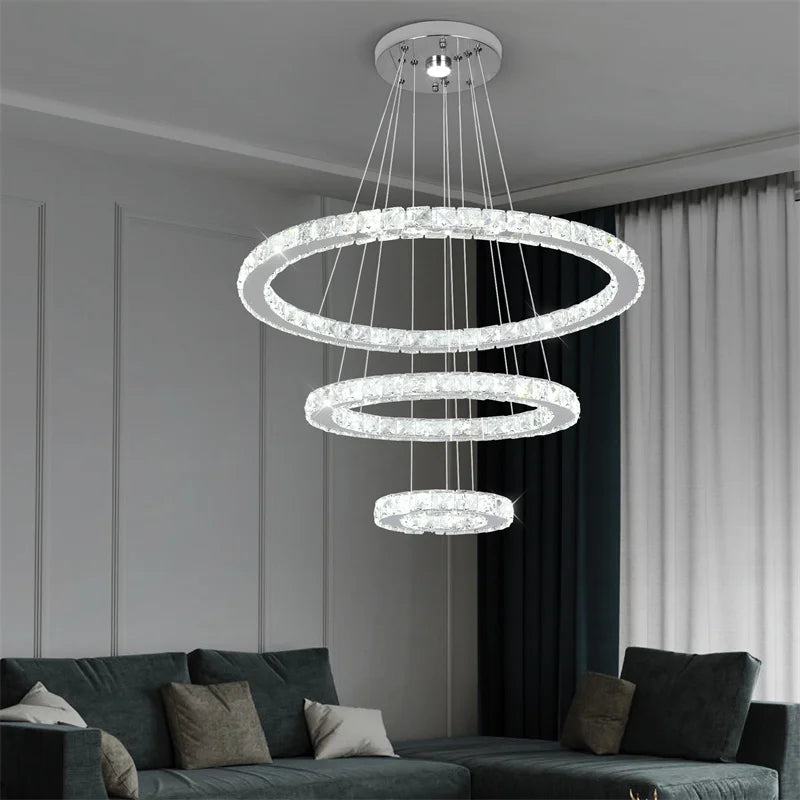 Modern Crystal Rings LED Chandelier Luxury Ceiling Lamp Remote Control