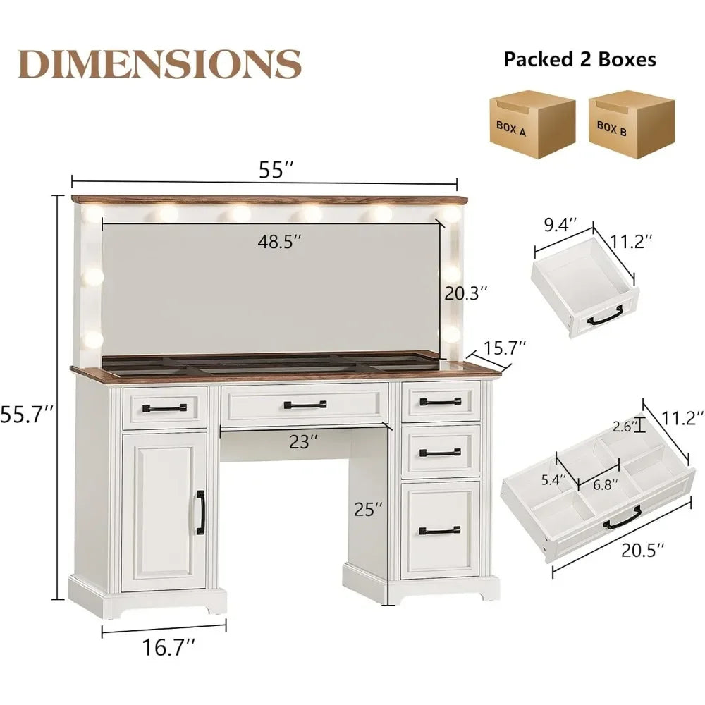 55 Inch Farmhouse Vanity Desk with Mirror Lights Charging Station 5 Drawers