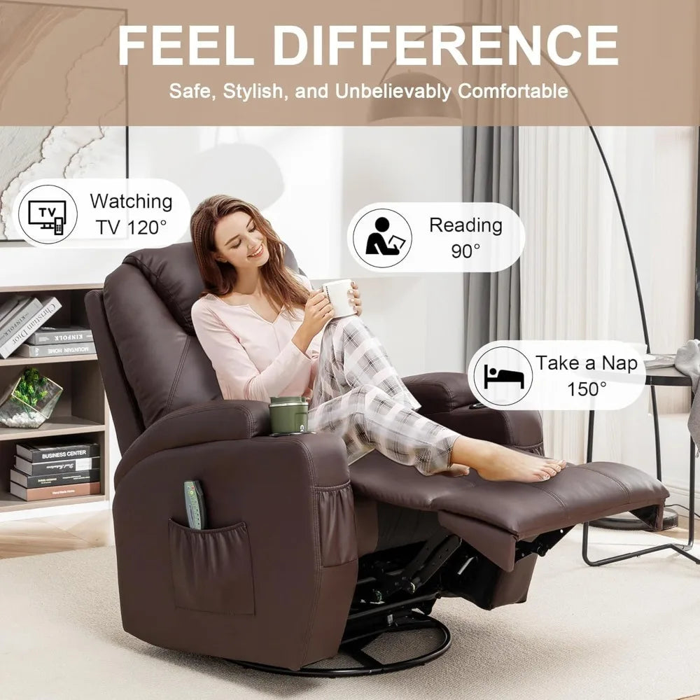 Rocker Recliner Chair with Massage and Heat 360° Swivel Cup Holder