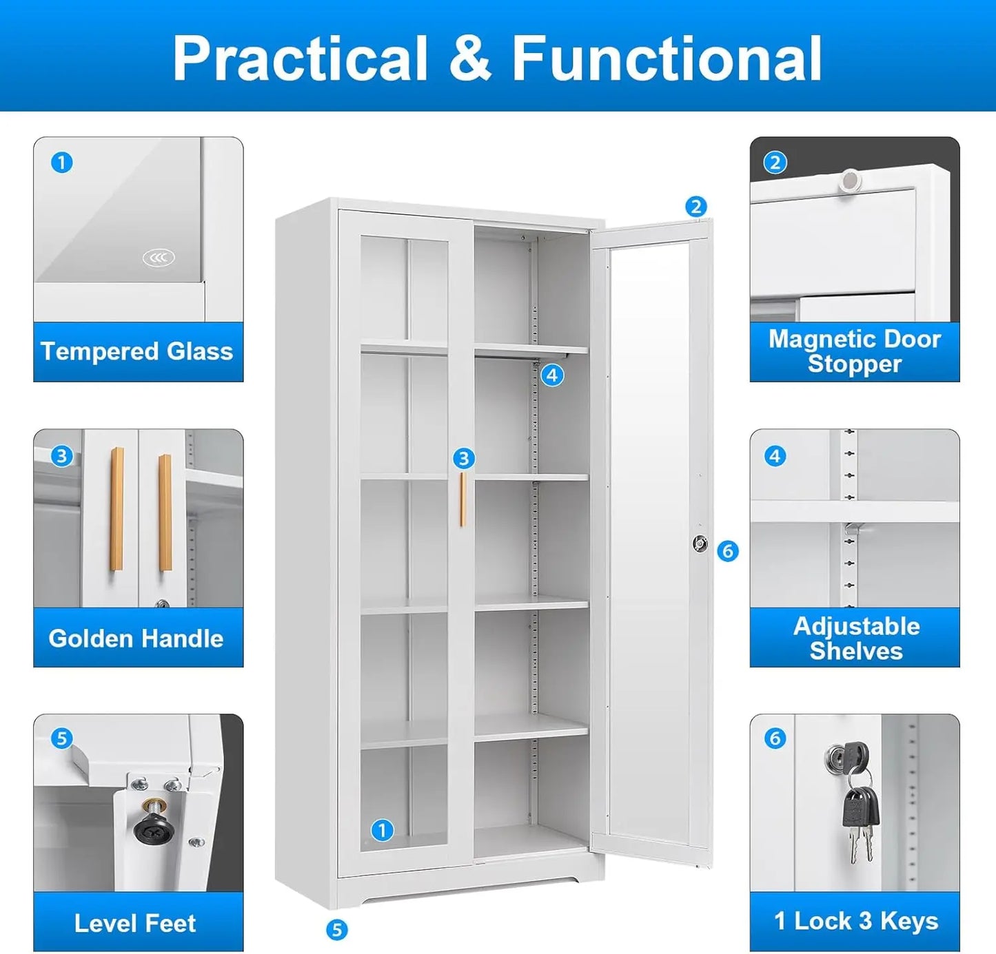 Display Cabinet Glass Doors Metal Curio Lock Shelves 71 Inch Tall Case