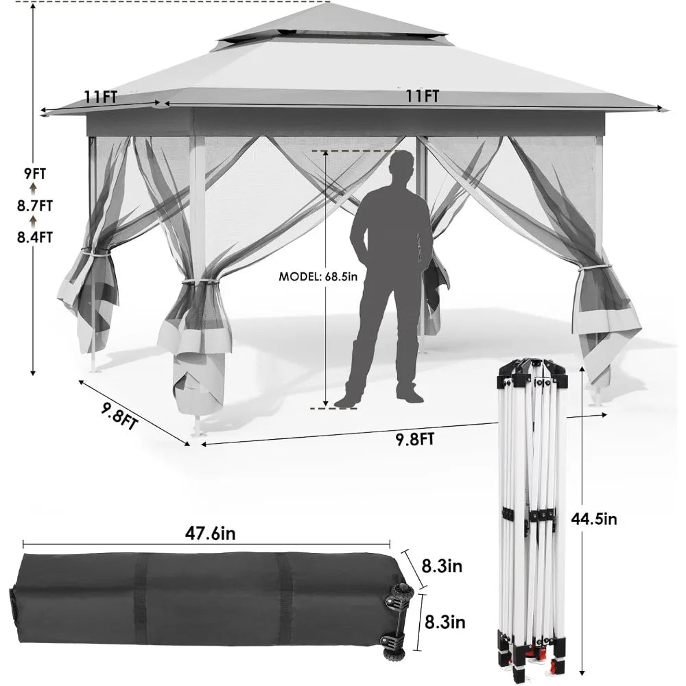 11x11 Gazebo Pop Up Outdoor Canopy Tent with Mesh Walls and Bag