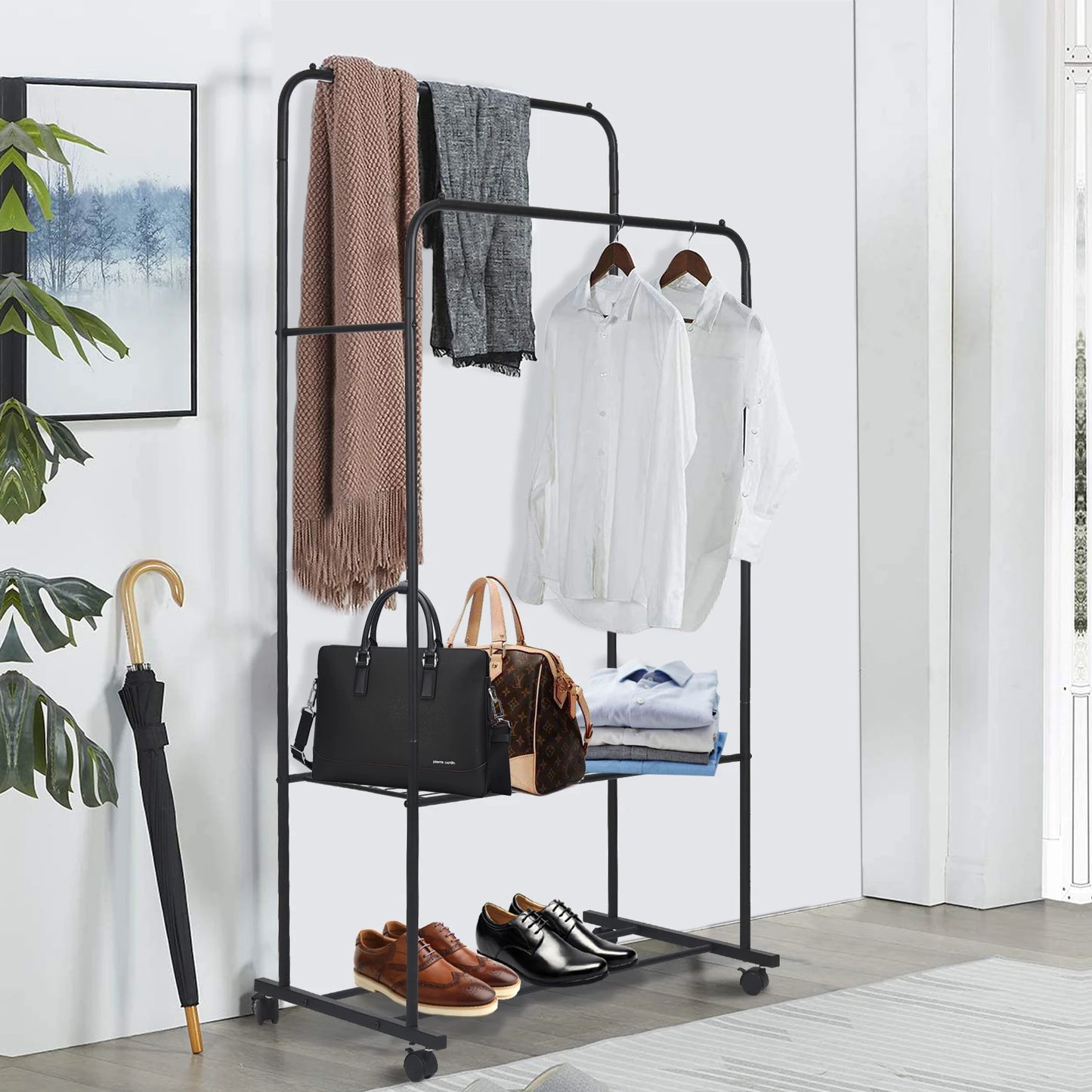 Rolling Clothes Rail Rack Garment Hanging Rack with Storage Shelves