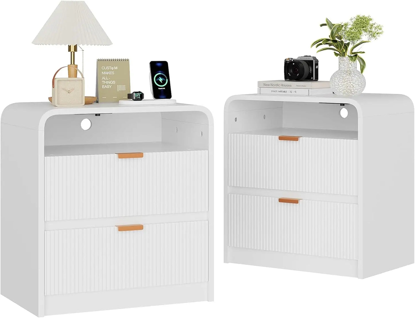 24 Inch Fluted Nightstand with Charging Station and 2 Drawers