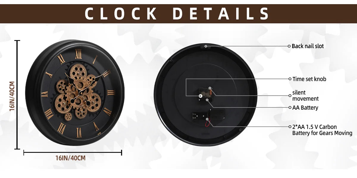 Large Vintage Mechanical Wall Clock 16 Inch Industrial Decor for Home