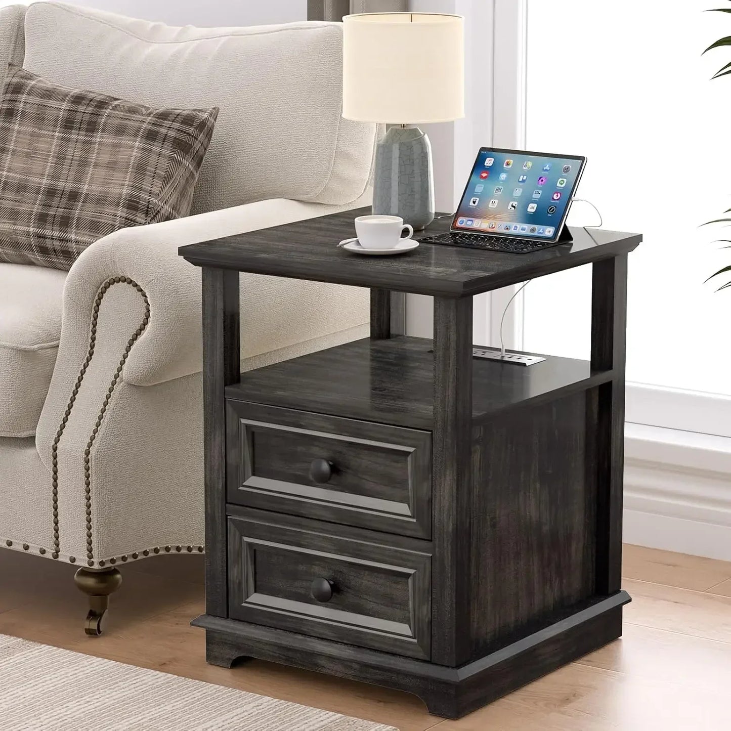 End Table Set of 2 Fast Charging Sofa Side Table with Drawers