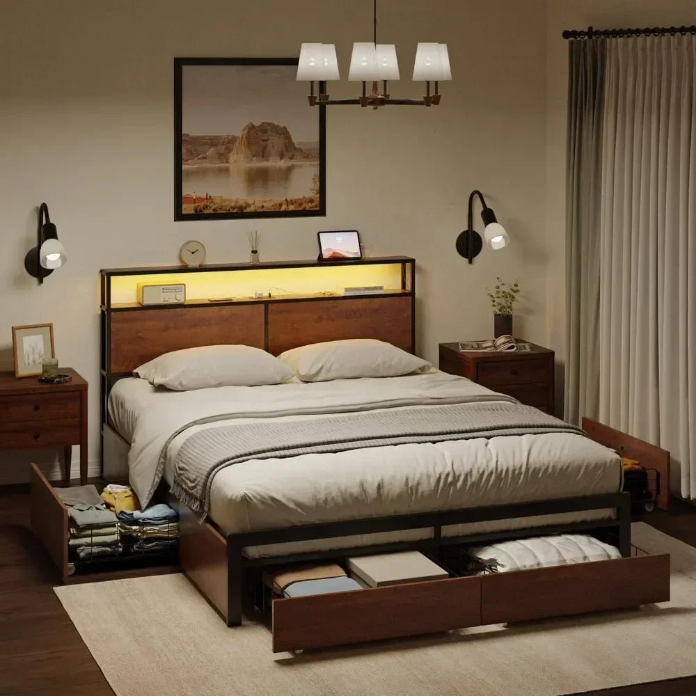 Queen Bed Frame with Storage Headboard 4 Drawers LED Lights Platform
