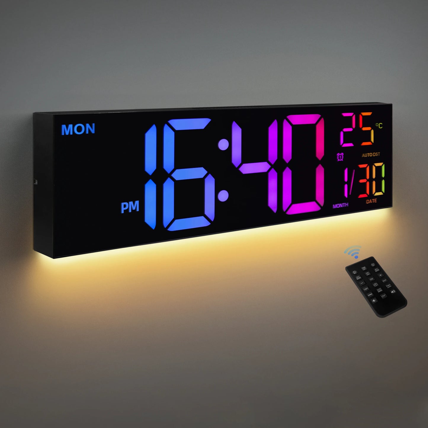 Large Digital Wall Clock with Remote RGB Display Alarm Temperature