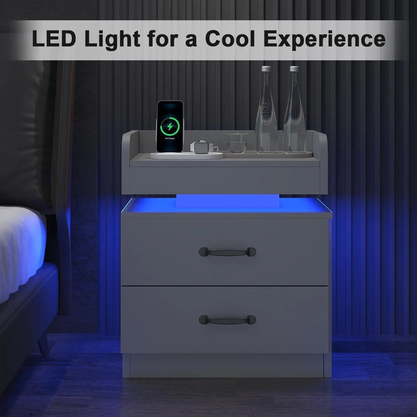 Nightstand with Charging Station LED Lights Modern End Table Set of 2
