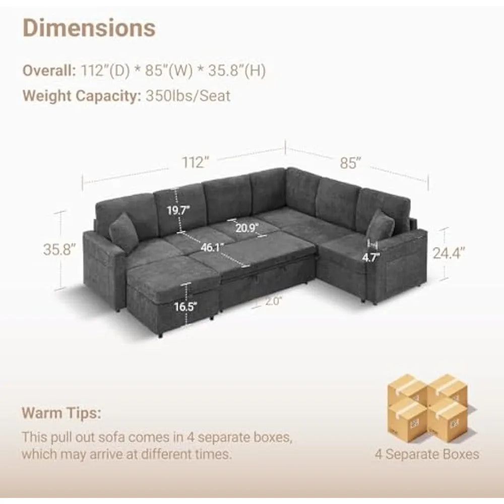 Modern U Shaped Sleeper Sofa Bed 8 Storages Sectional Couch 7 Seater