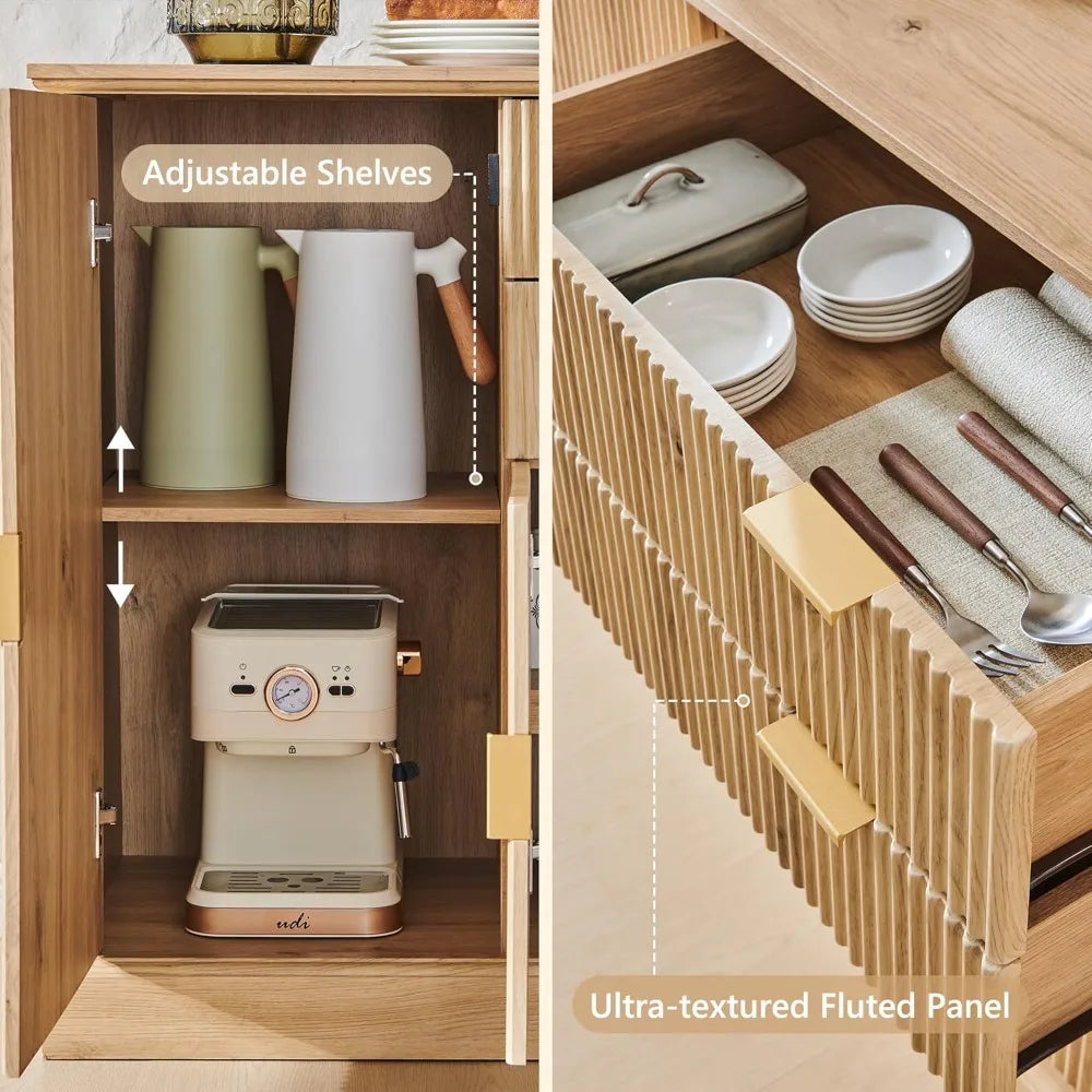 58 Inch Fluted Sideboard Cabinet Buffet Storage Rustic Wood Design