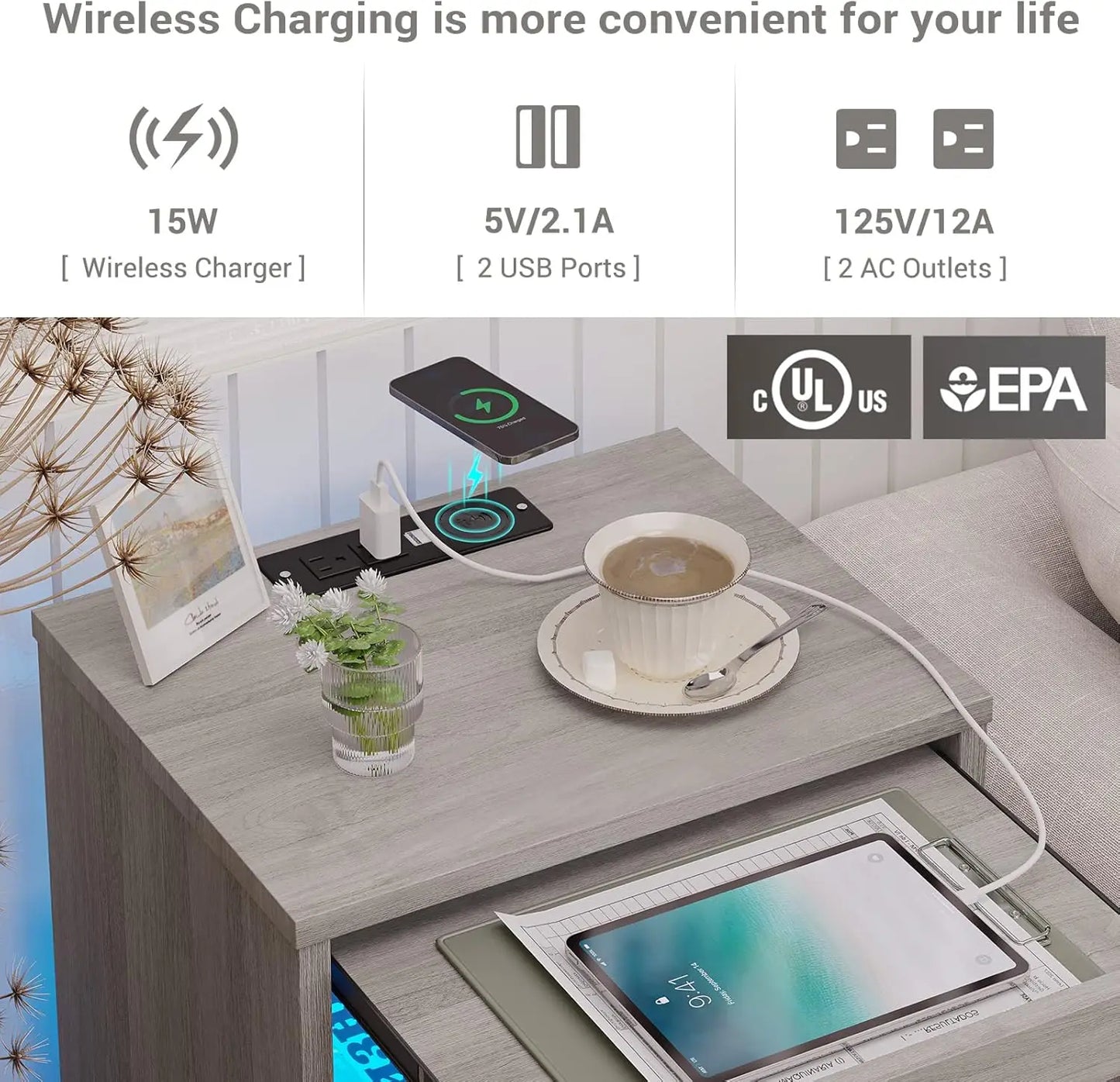 LED Nightstand Set of 2 with Wireless Charging Modern Bedside Table