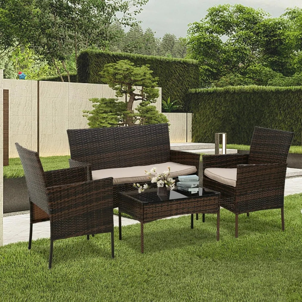 Ljustra 4 Pieces Rattan Patio Furniture Set Garden Conversation Sofa