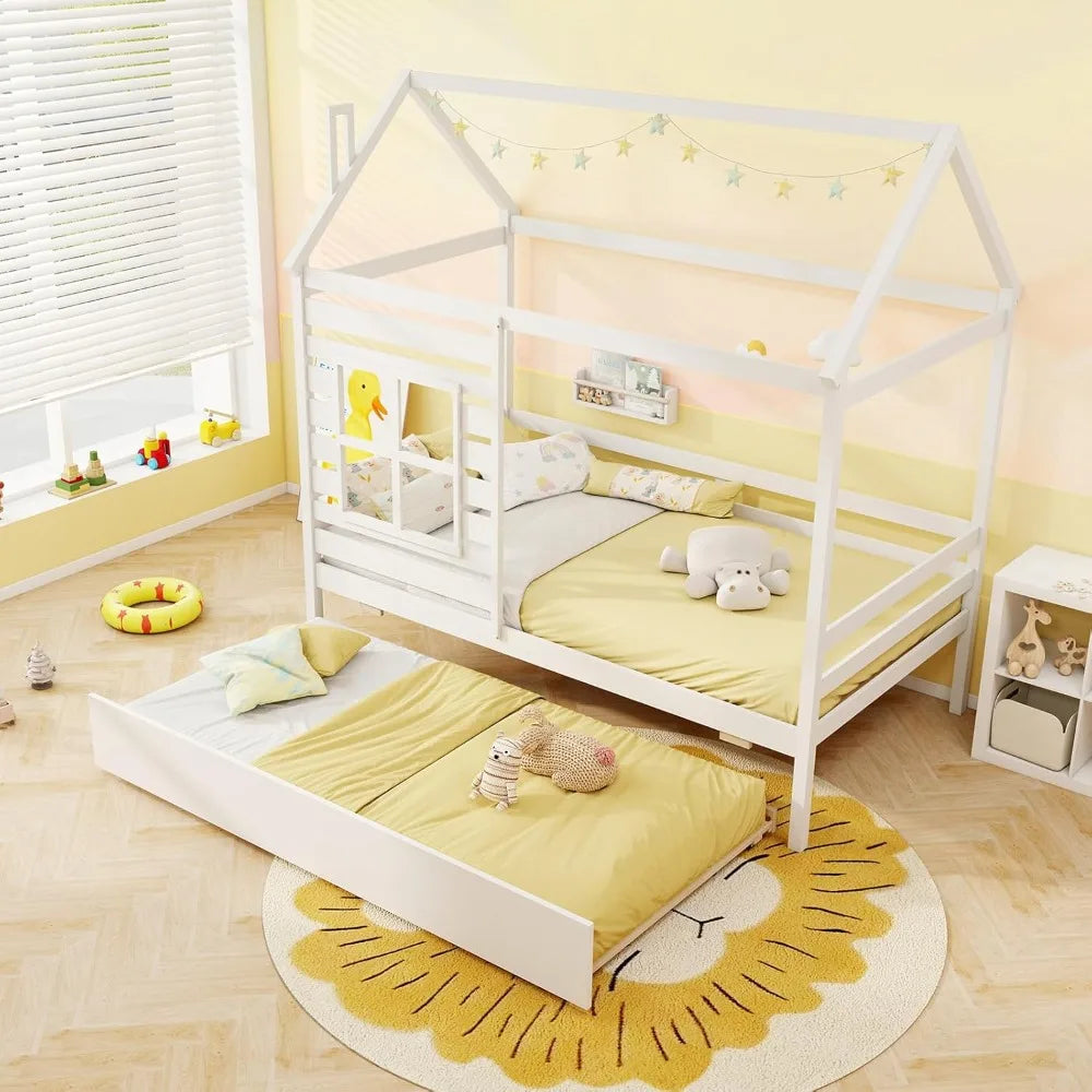 Twin Size Wooden House Bed with Trundle and Playhouse Features