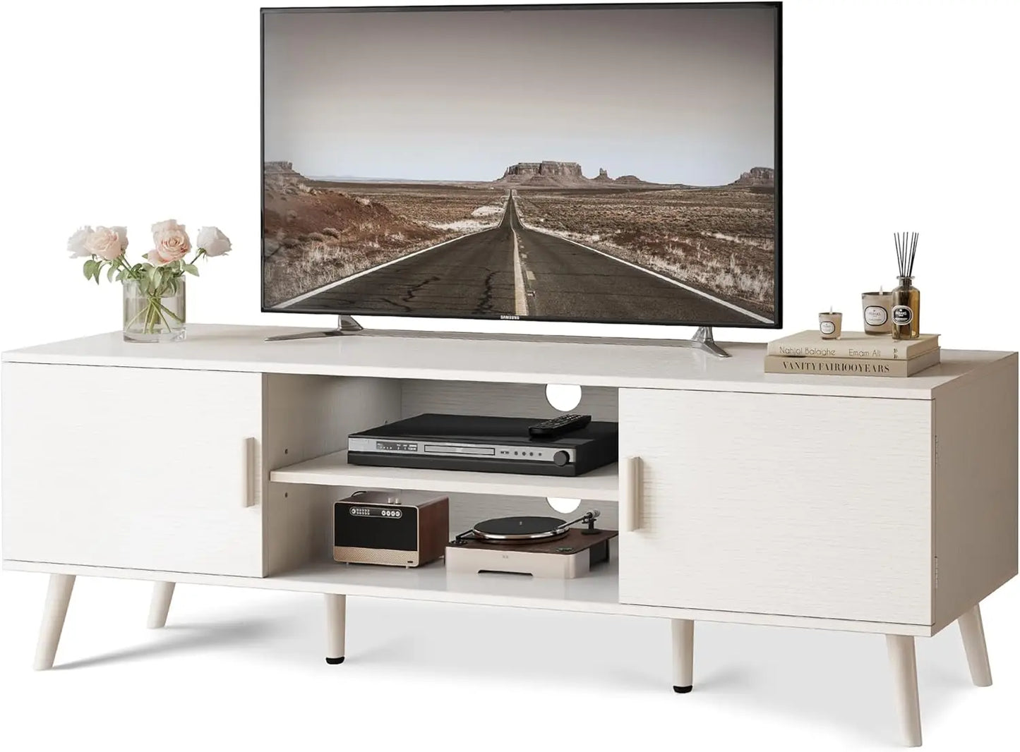TV Stand for 55 Inch TV with Adjustable Shelf and 2 Cabinets
