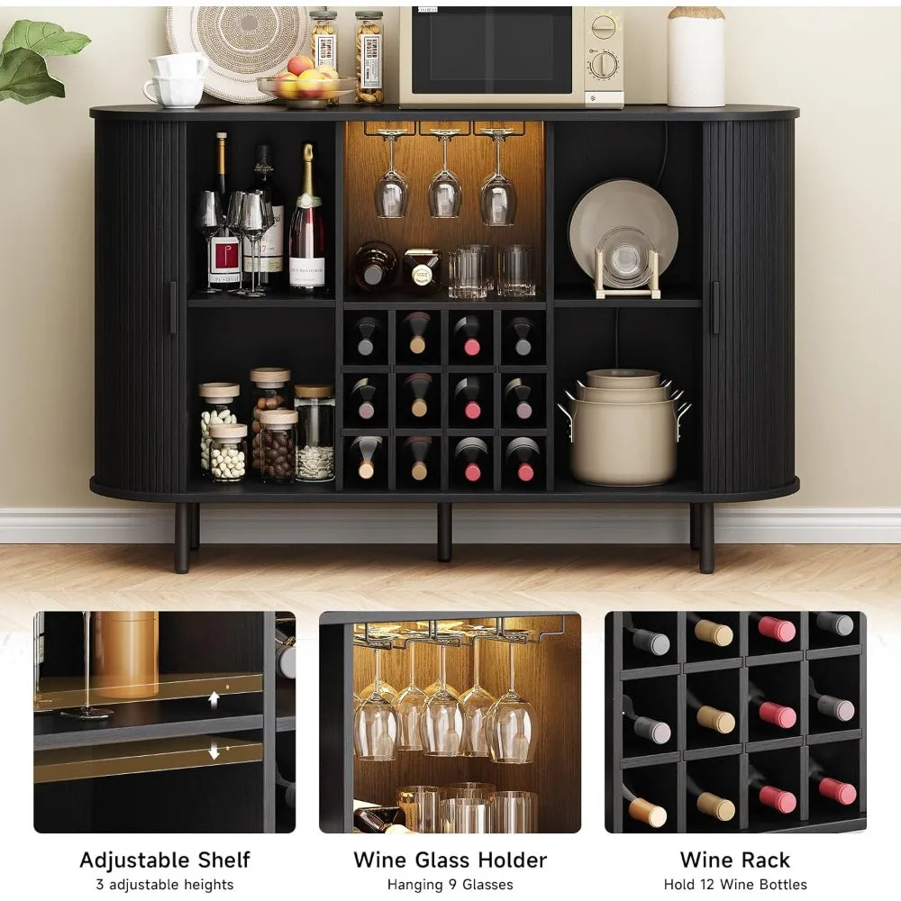 Modern 55 Inch Wine Bar Cabinet LED Lighting Whiskey Coffee Station