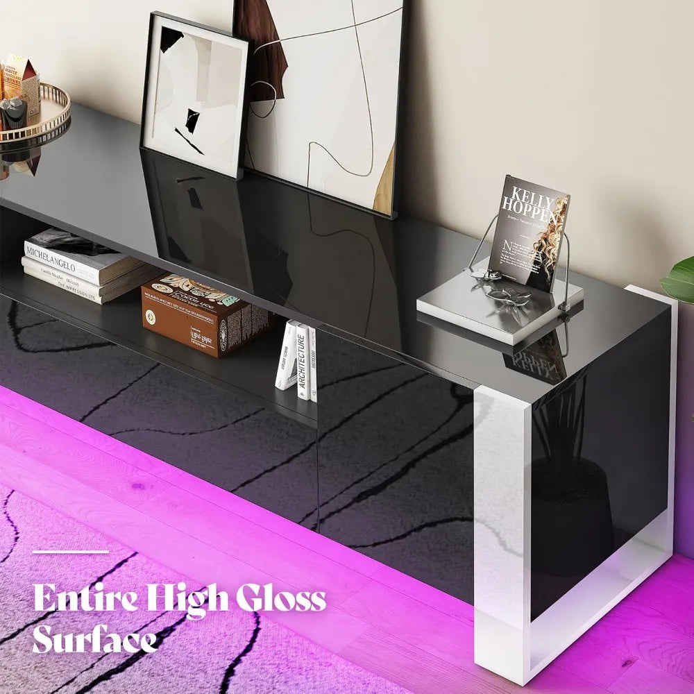 Modern 70 Inch TV Stand with LED Lights High Gloss Entertainment Center