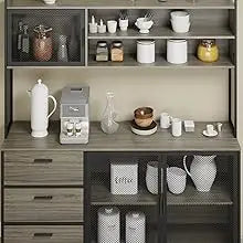 Large Kitchen Hutch Storage Cabinet with Metal Frame and Mesh Doors