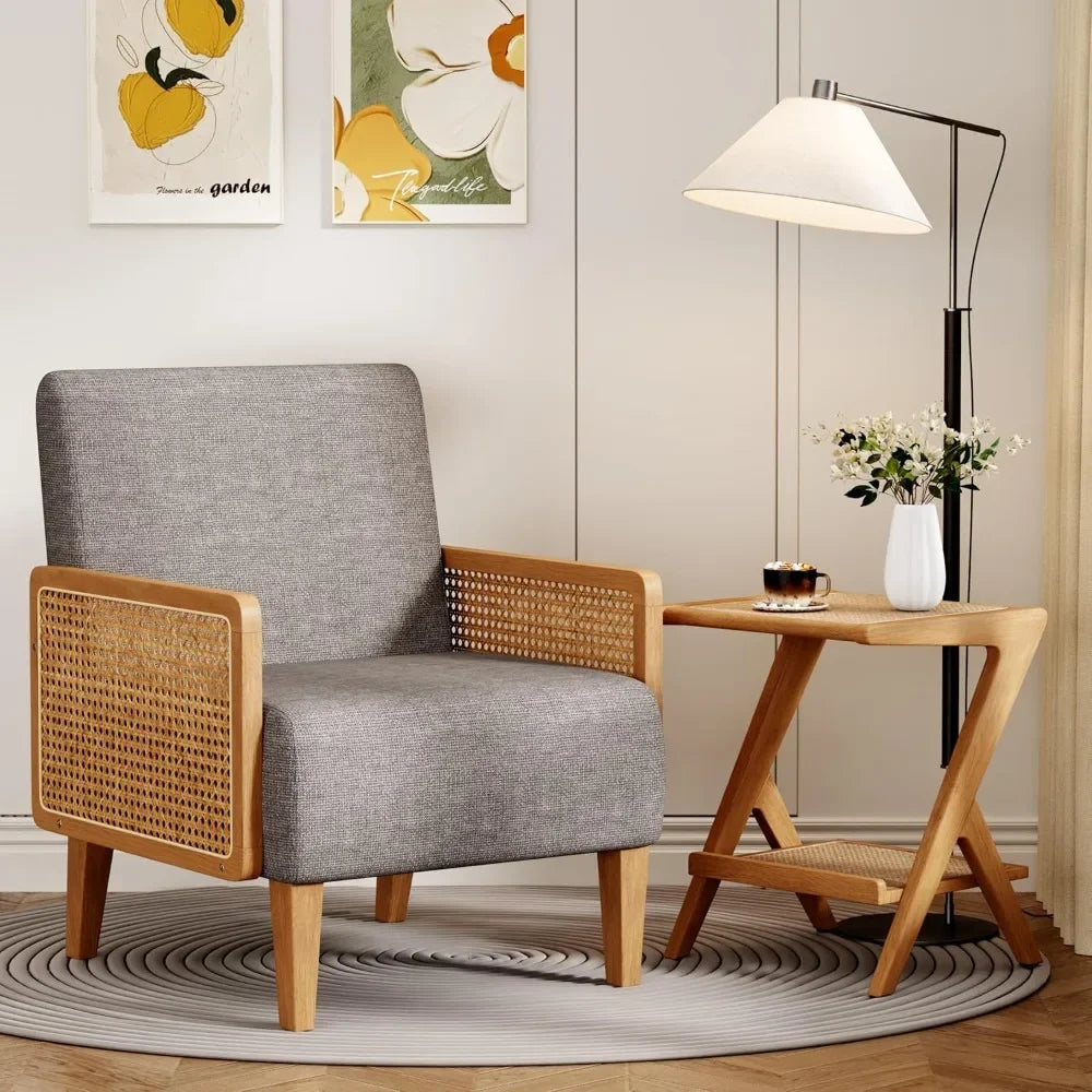 Mid Century Modern Accent Chair Rattan Oak Wood Upholstered Armchair