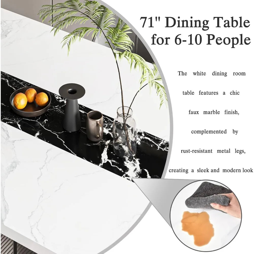 Modern 71 Inch Dining Table for 6 8 10 People Rectangular Faux Marble